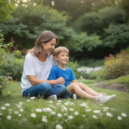 A mother and her 9-year-old son enjoying quality time in a beautiful heavenly garden.