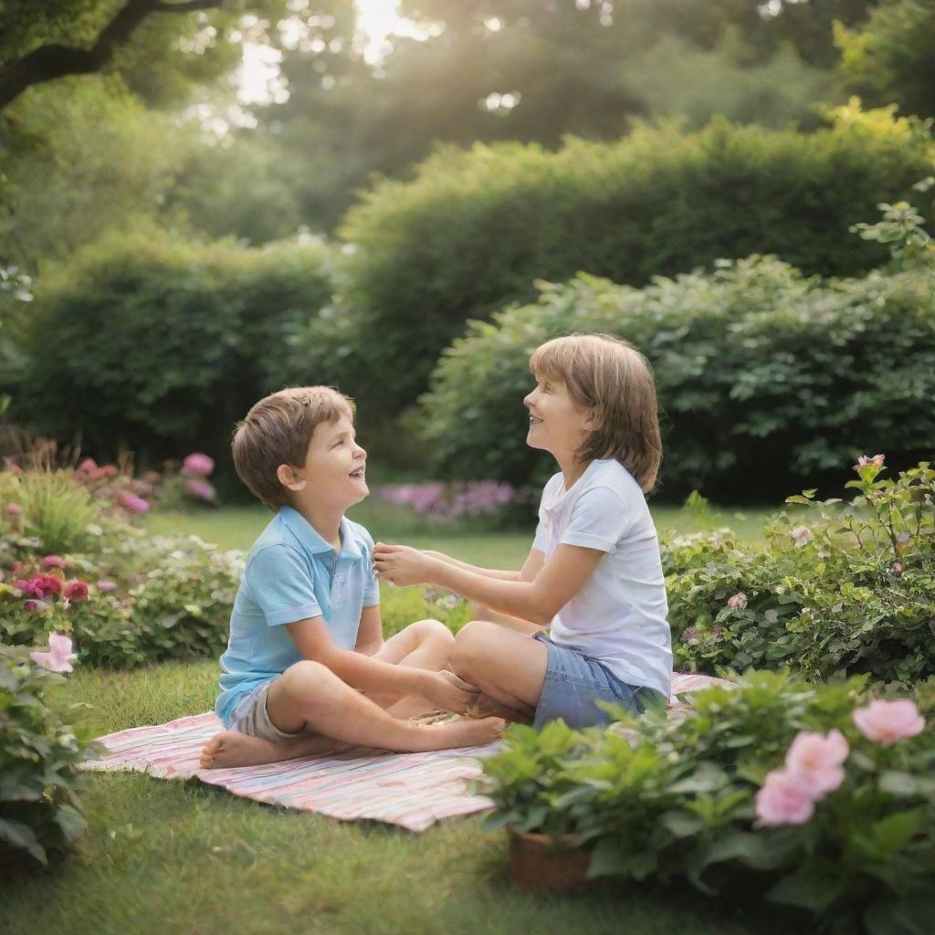 A mother and her 9-year-old son enjoying quality time in a beautiful heavenly garden.