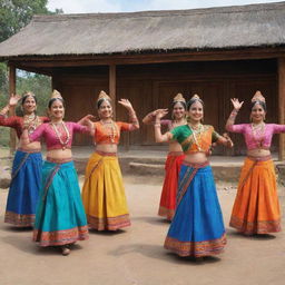 A vibrant display of Deshi culture animated, with traditional attire, local food, music instruments, and folk dances in a rural setting