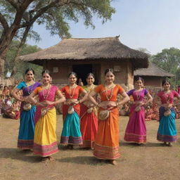 A vibrant display of Deshi culture animated, with traditional attire, local food, music instruments, and folk dances in a rural setting