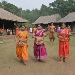 A vibrant display of Deshi culture animated, with traditional attire, local food, music instruments, and folk dances in a rural setting