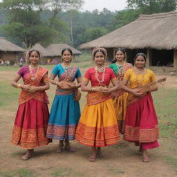 A vibrant display of Deshi culture animated, with traditional attire, local food, music instruments, and folk dances in a rural setting