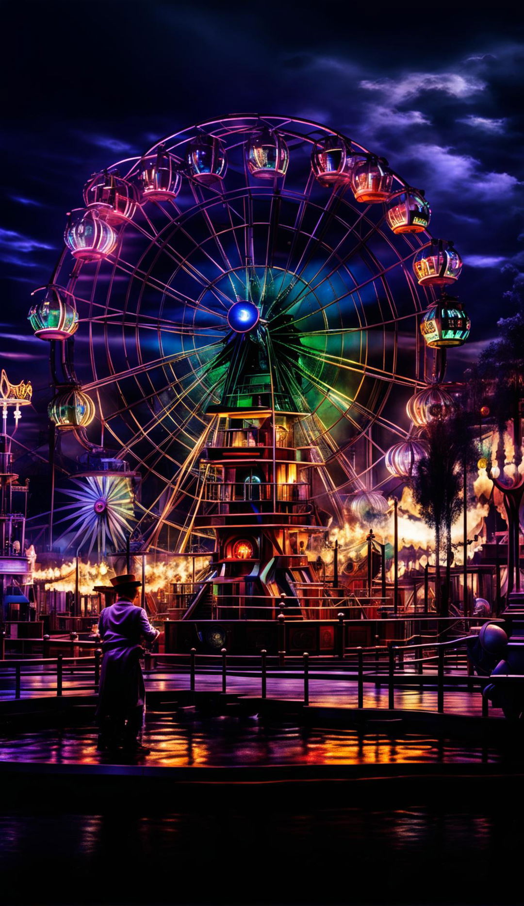 A ghostpunk theme park featuring a prominent ferris wheel, half of a merry-go-round, and a clown selling balloons in a fine art digital photograph with cinematic lighting, HDR, and hyper-detailed realism. Ghostly apparitions interact with the steampunk rides under a Mark Molnar-inspired color palette.