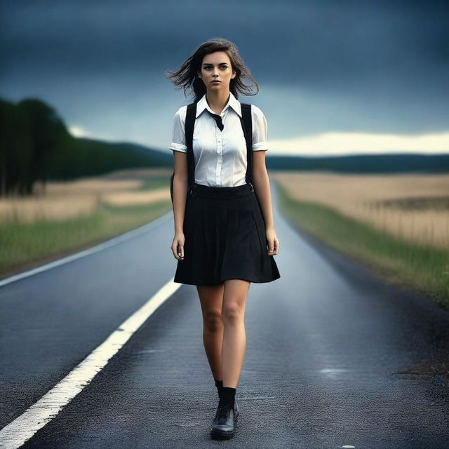 A 4K, photorealistic image capturing an attractive woman in her mid-20s, hitchhiking on a dark country road