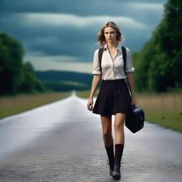 A 4K, photorealistic image capturing an attractive woman in her mid-20s, hitchhiking on a dark country road