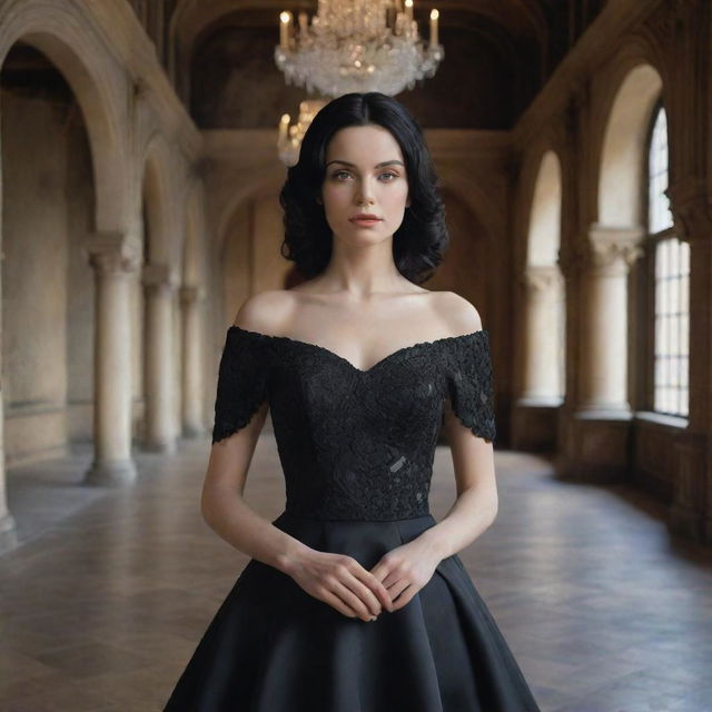 A hyper-realistic image of the most beautiful woman with black hair and white skin, dressed in an elegant black dress, placed within the opulent interior of a rich castle