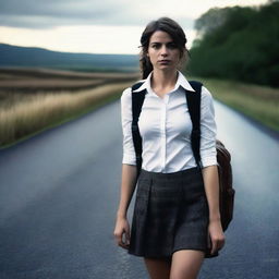 A 4K, photorealistic image capturing an attractive woman in her mid-20s, hitchhiking on a dark country road