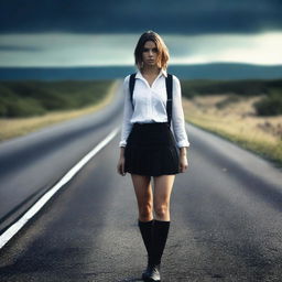 A 4K, photorealistic image capturing an attractive woman in her mid-20s, hitchhiking on a dark country road