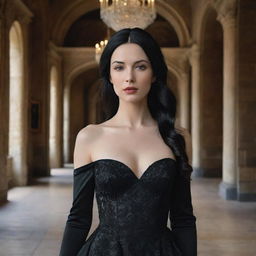 A hyper-realistic image of the most beautiful woman with black hair and white skin, dressed in an elegant black dress, placed within the opulent interior of a rich castle