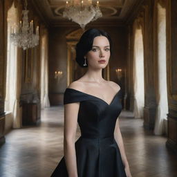 A hyper-realistic image of the most beautiful woman with black hair and white skin, dressed in an elegant black dress, placed within the opulent interior of a rich castle