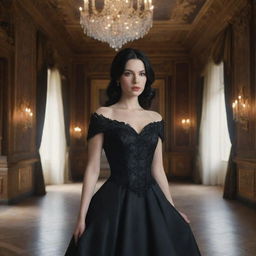 A hyper-realistic image of the most beautiful woman with black hair and white skin, dressed in an elegant black dress, placed within the opulent interior of a rich castle