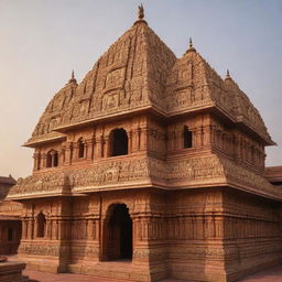 A grand and ornate Ram Mandir (temple) glowing in the warm light of the setting sun, with shimmering gold details and intricate carvings.