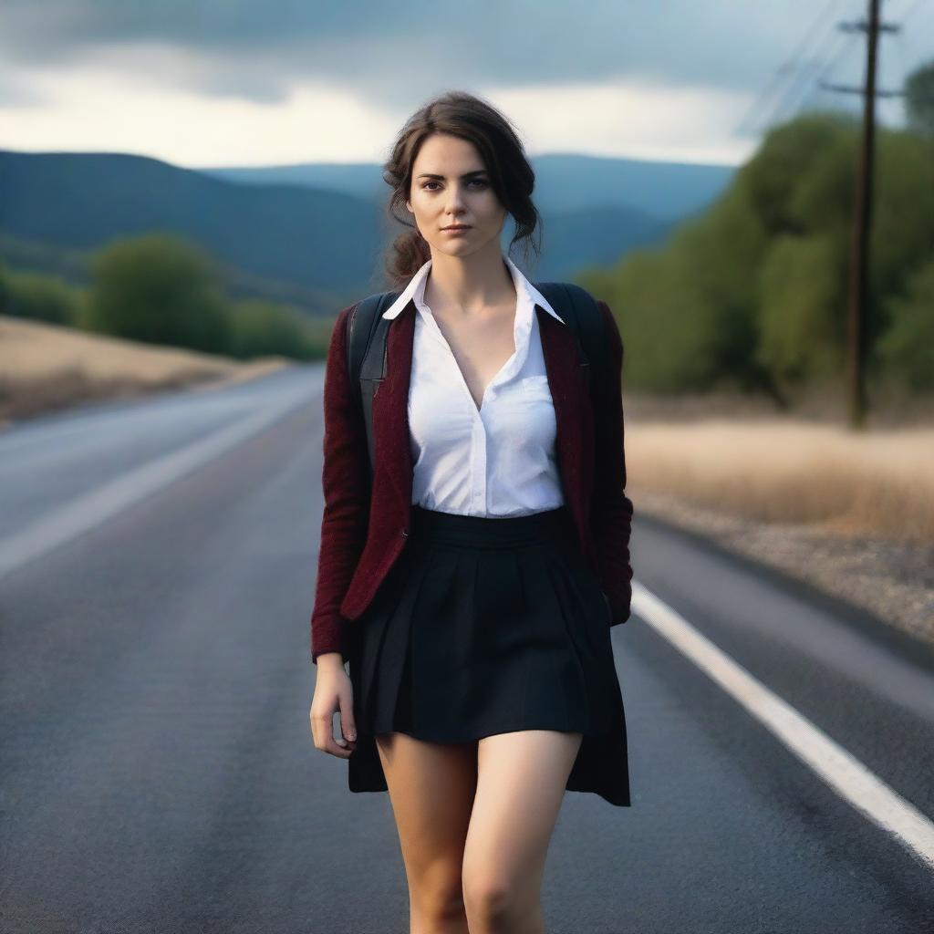 A 4K, photorealistic image showcasing an attractive woman in her mid-20s, hitchhiking on a dark country road