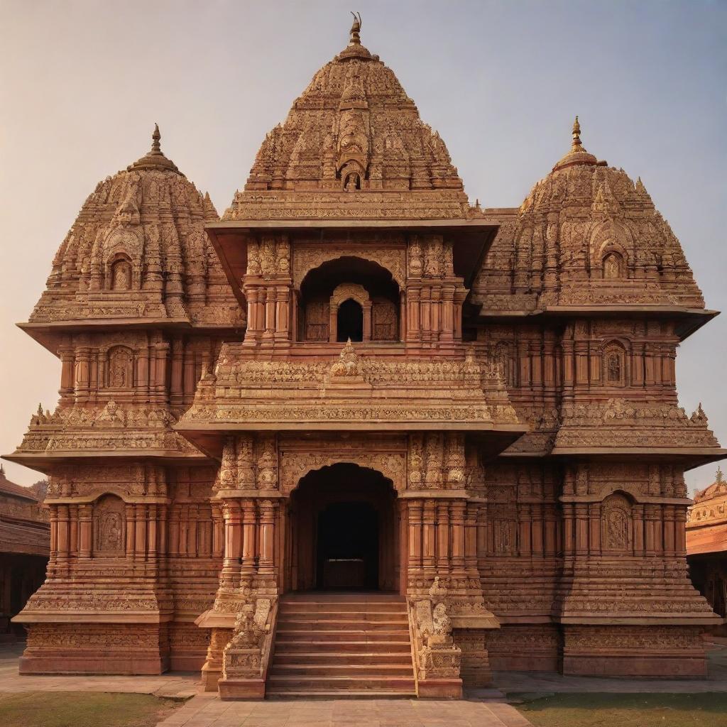 A grand and ornate Ram Mandir (temple) glowing in the warm light of the setting sun, with shimmering gold details and intricate carvings.