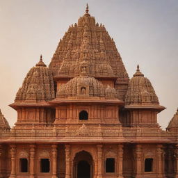 A grand and ornate Ram Mandir (temple) glowing in the warm light of the setting sun, with shimmering gold details and intricate carvings.