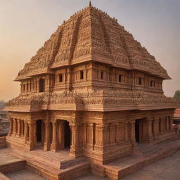 A grand and ornate Ram Mandir (temple) glowing in the warm light of the setting sun, with shimmering gold details and intricate carvings.