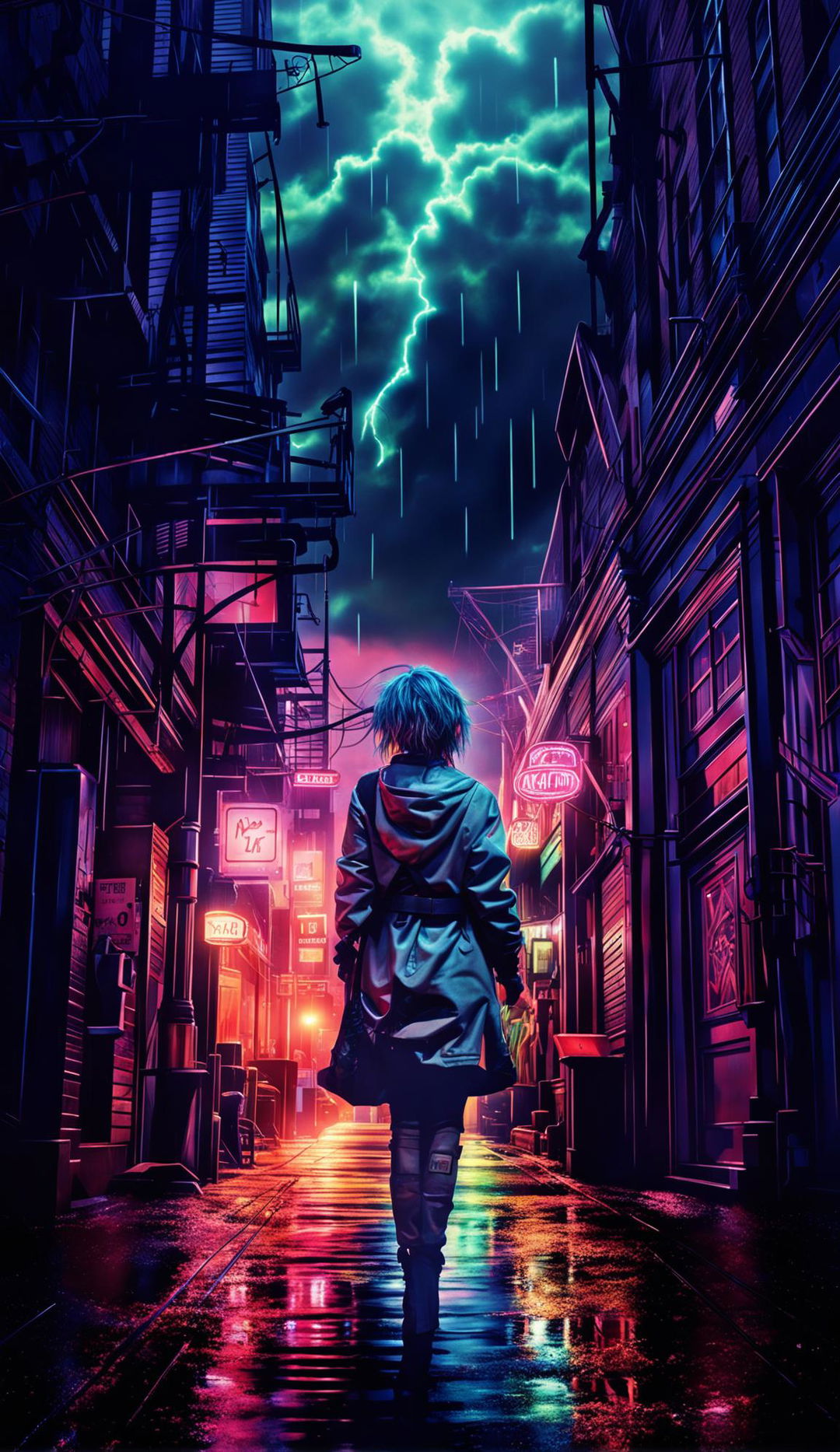 A Ghostpunk world in a hyper-detailed, photorealistic image with cinematic lighting, HDR and HD quality. A woman with long wet hair is seen walking off into the distance into an alleyway. The scene is set under thunderclouds and it's raining. Rendered with Redshift, it's a fine art digital piece reminiscent of Mark Molnar's mystical works. Ghostly figures in punk attire populate this Gothic-futuristic cityscape under a neon-lit night sky.