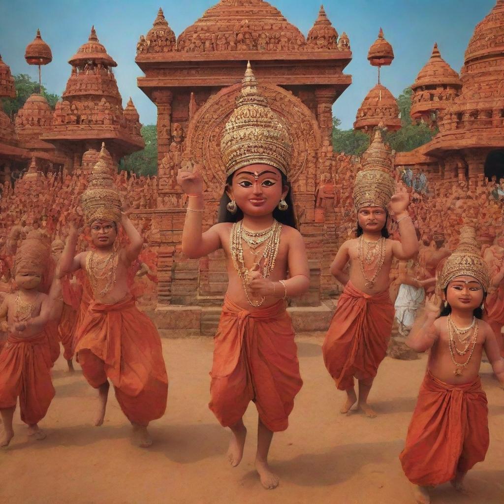 An animated picture encapsulating Bangladesh's rich art and culture, including elements like traditional attire, Jatra folk theatre, terracotta sculptures, and mangal shobhajatra procession