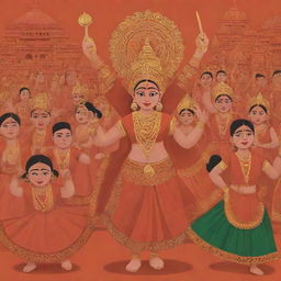 An animated picture encapsulating Bangladesh's rich art and culture, including elements like traditional attire, Jatra folk theatre, terracotta sculptures, and mangal shobhajatra procession