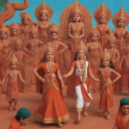 An animated picture encapsulating Bangladesh's rich art and culture, including elements like traditional attire, Jatra folk theatre, terracotta sculptures, and mangal shobhajatra procession