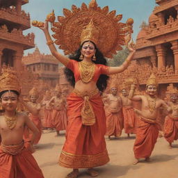 An animated picture encapsulating Bangladesh's rich art and culture, including elements like traditional attire, Jatra folk theatre, terracotta sculptures, and mangal shobhajatra procession