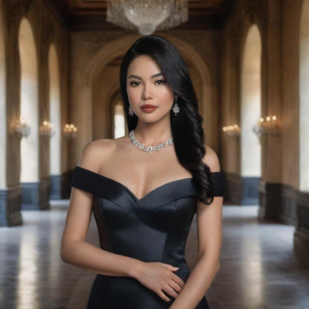 Hyper-realistic portrait of a stunningly beautiful Filipino woman with black hair and white skin, clad in an elegant black dress, set within the grand interior of a lavish castle