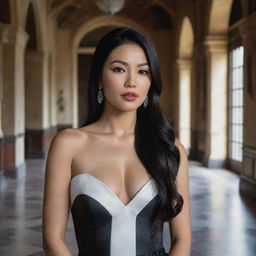 Hyper-realistic portrait of a stunningly beautiful Filipino woman with black hair and white skin, clad in an elegant black dress, set within the grand interior of a lavish castle