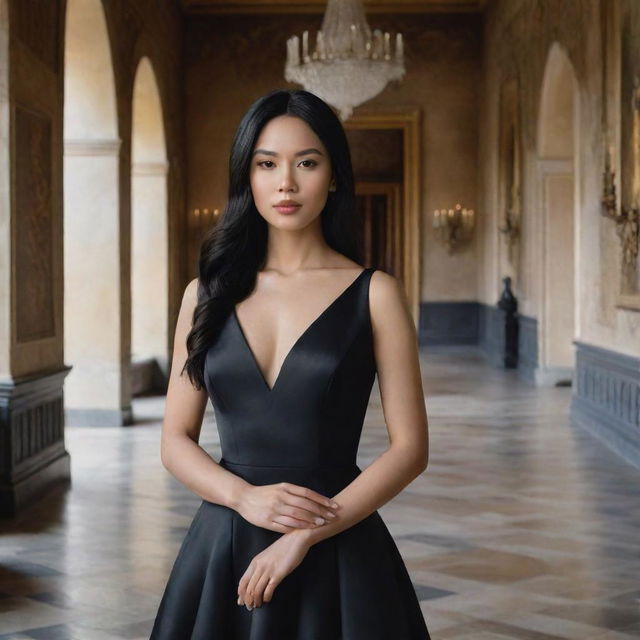 Hyper-realistic portrait of a stunningly beautiful Filipino woman with black hair and white skin, clad in an elegant black dress, set within the grand interior of a lavish castle