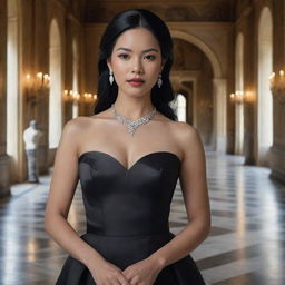 Hyper-realistic portrait of a stunningly beautiful Filipino woman with black hair and white skin, clad in an elegant black dress, set within the grand interior of a lavish castle