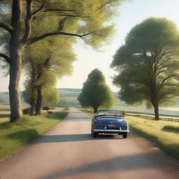 A 4K, photorealistic image showcasing a serene country road