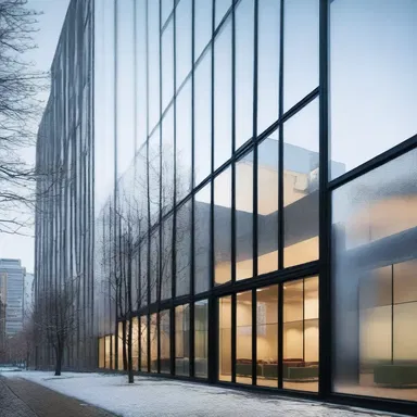 The glass windows of the modern building are designed to prevent condensation during the colder months.