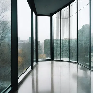 The glass windows of the modern building are designed to prevent condensation during the colder months.