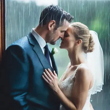 As the couple embraced tightly in the pouring rain, their breaths mingled, creating condensation on the glass windowpane behind them.