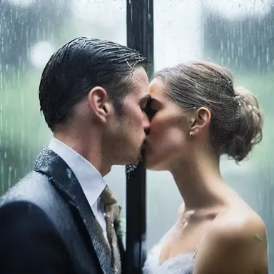 As the couple embraced tightly in the pouring rain, their breaths mingled, creating condensation on the glass windowpane behind them.