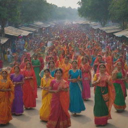 An animated picture showcasing the vibrant culture of Bangladesh, with highlights like traditional clothing, dances and music, the riverside lifestyle, and the bustling markets