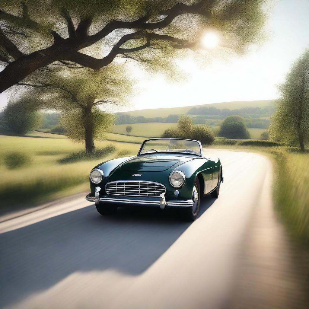 A 4K, photorealistic image featuring a serene country road with a sleek roadster in the background