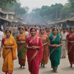 An animated picture showcasing the vibrant culture of Bangladesh, with highlights like traditional clothing, dances and music, the riverside lifestyle, and the bustling markets