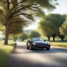 A 4K, photorealistic image featuring a serene country road with a sleek roadster in the background