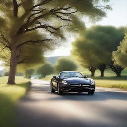 A 4K, photorealistic image featuring a serene country road with a sleek roadster in the background