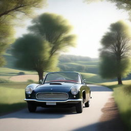 A 4K, photorealistic image featuring a serene country road with a sleek roadster in the background