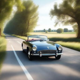 A 4K, photorealistic image featuring a serene country road with a sleek roadster in the background