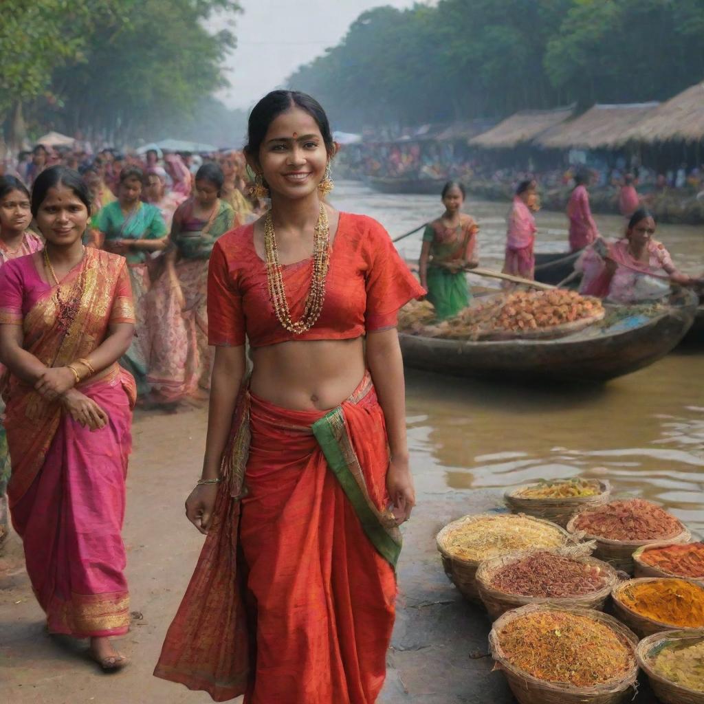 An animated picture showcasing the vibrant culture of Bangladesh, with highlights like traditional clothing, dances and music, the riverside lifestyle, and the bustling markets