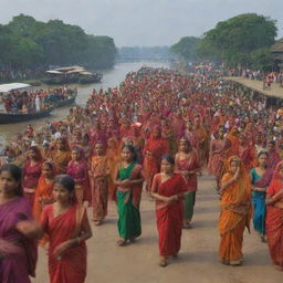 An animated picture showcasing the vibrant culture of Bangladesh, with highlights like traditional clothing, dances and music, the riverside lifestyle, and the bustling markets