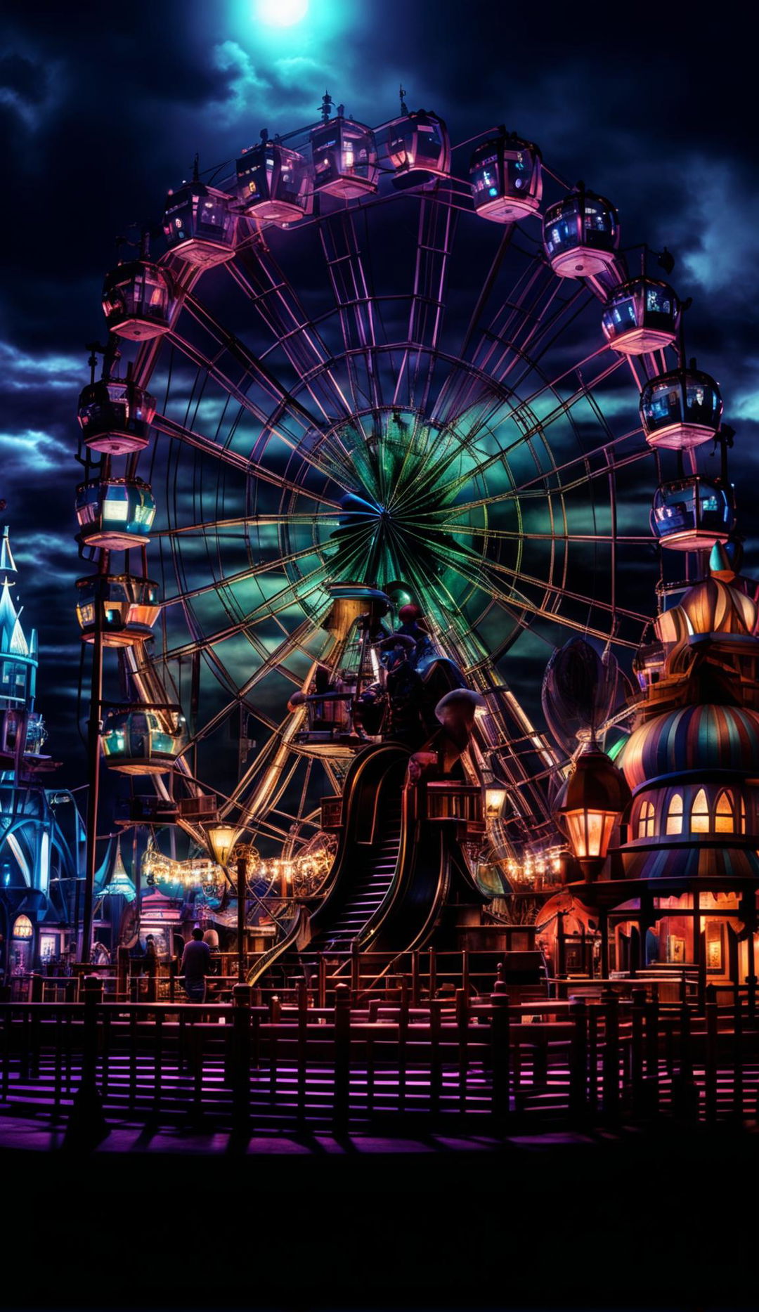 A ghostpunk theme park featuring a prominent ferris wheel, half of a merry-go-round, and a creepy ghostpunk clown selling balloons to a child in a fine art digital photograph with cinematic lighting, HDR, and hyper-detailed realism. Ghostly apparitions interact with the steampunk rides under a Mark Molnar-inspired color palette.