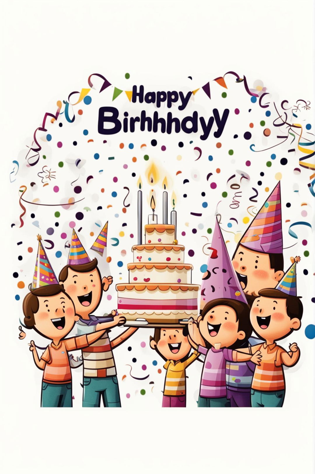 A high-resolution cartoon-style birthday card featuring a cute party scene with characters, balloons, and a birthday cake