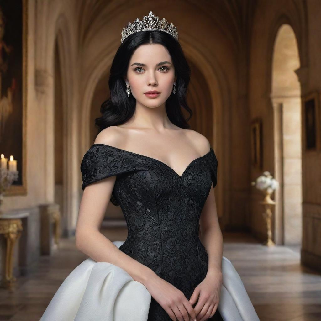 A hyper-realistic depiction of the most beautiful princess with black hair and white skin, dressed in an elegant black dress, located within the luxuriant interior of a magnificent castle