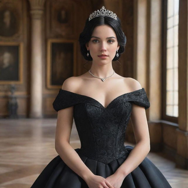 A hyper-realistic depiction of the most beautiful princess with black hair and white skin, dressed in an elegant black dress, located within the luxuriant interior of a magnificent castle