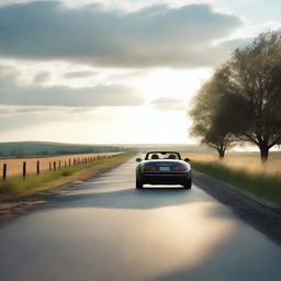 A 4K, photorealistic image of a serene country road with a roadster in the distance