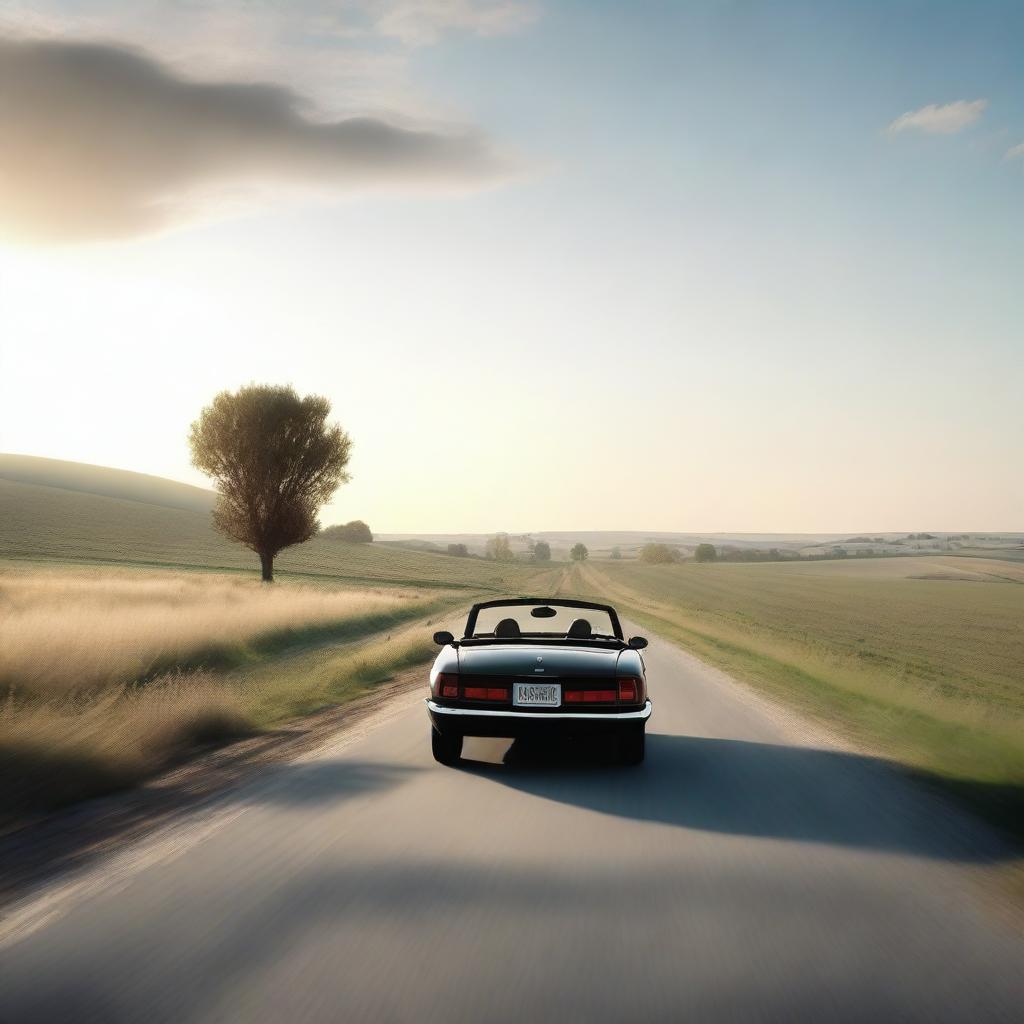 A 4K, photorealistic image of a serene country road with a roadster in the distance