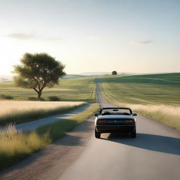 A 4K, photorealistic image of a serene country road with a roadster in the distance